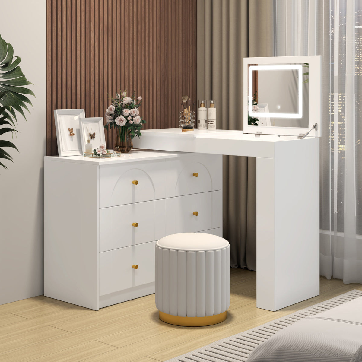 Roomfitters Vanity Desk with Mirror & Lights, Flip-Top Makeup Table with 7 Drawers, 9 Compartments, 3 Shelves, White