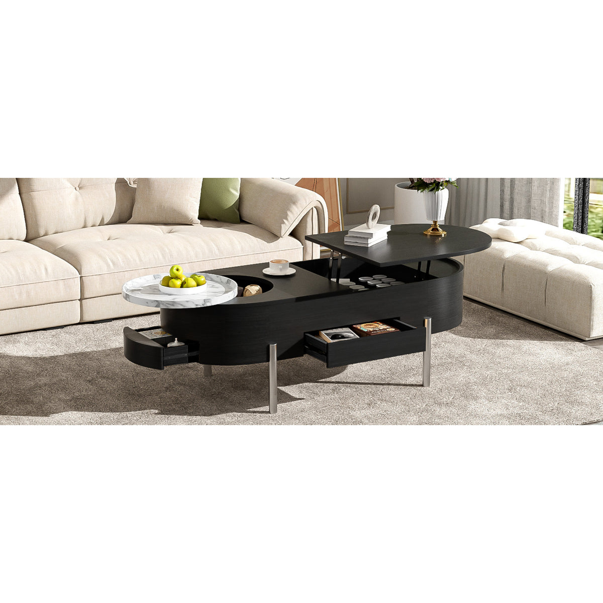 variant-group:rf-n724p228920b|Roomfitters Lift Top Oval Coffee Table with Rotating Marble Tray and Hidden Compartment, Black