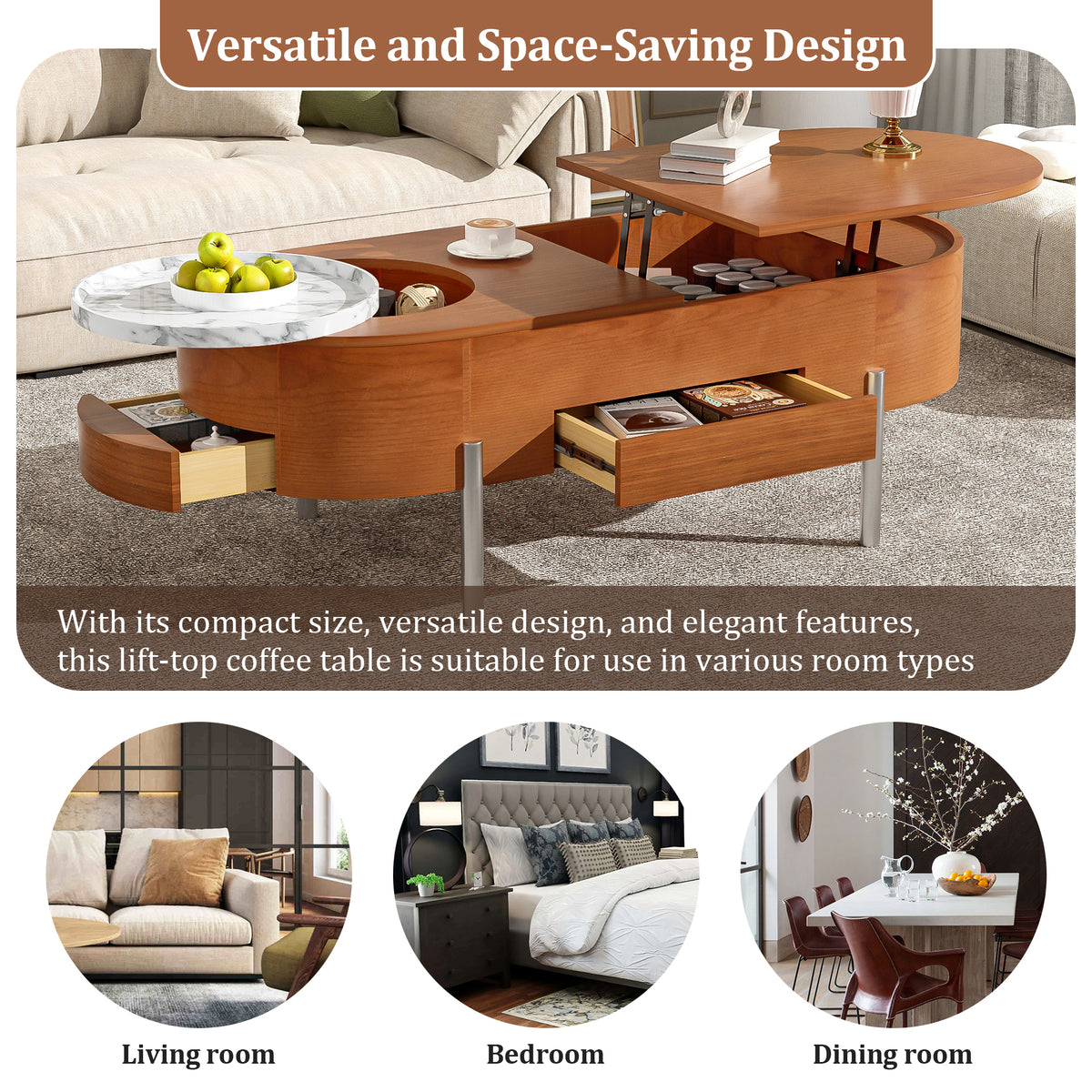 variant-group:rf-n724p228920d|Roomfitters Lift Top Oval Coffee Table with Rotating Marble Tray and Hidden Compartment, Brown