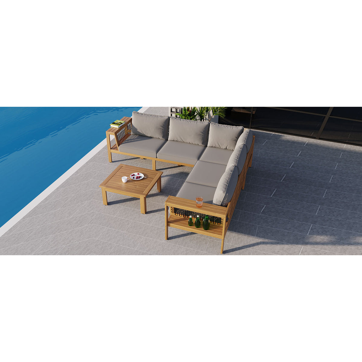 variant-group:rf-n704f201249e|Roomfitters 4-Piece Outdoor Sectional Sofa Set with Coffee Table and Built-in Side Shelves, Wood Frame, Gray+Natural