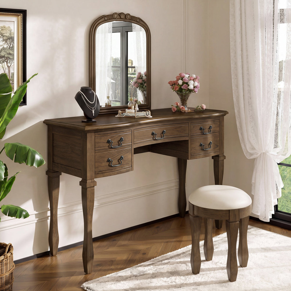 Roomfitters 46-Inch Vintage Makeup Vanity Table with Curved Flower Frame Mirror and Upholstered Leather Stool Espresso Roomfitters