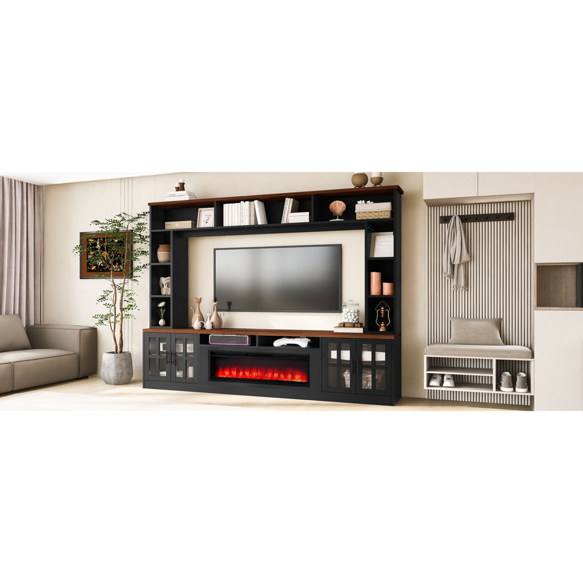 variant-group:rf-n724sj000159aab|Roomfitters 95.5"W Large Wall Unit Entertainment Center, 39" LED Fireplace, Black & Brown