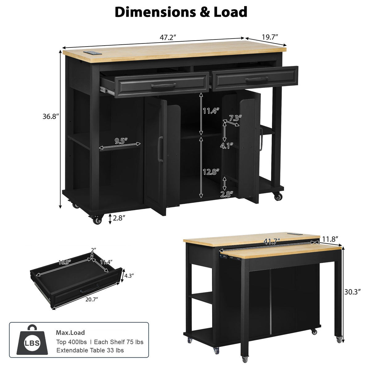 Roomfitters 47" Kitchen Island with Slide-Out Dining Table, Mobile Cart with Built-in Outlets, Internal Racks, Black