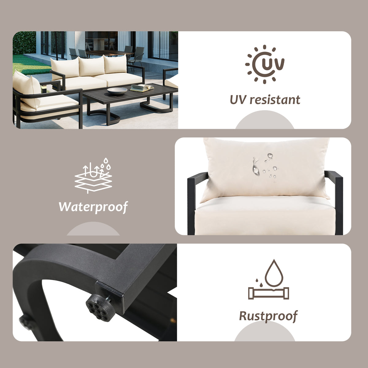 variant-group:rf-n711wy000470aaa|Roomfitters 4-Piece Outdoor Steel Sofa Set with Coffee Table, 3-Seater Couch and 2 Armchairs for Patio Garden, Beige