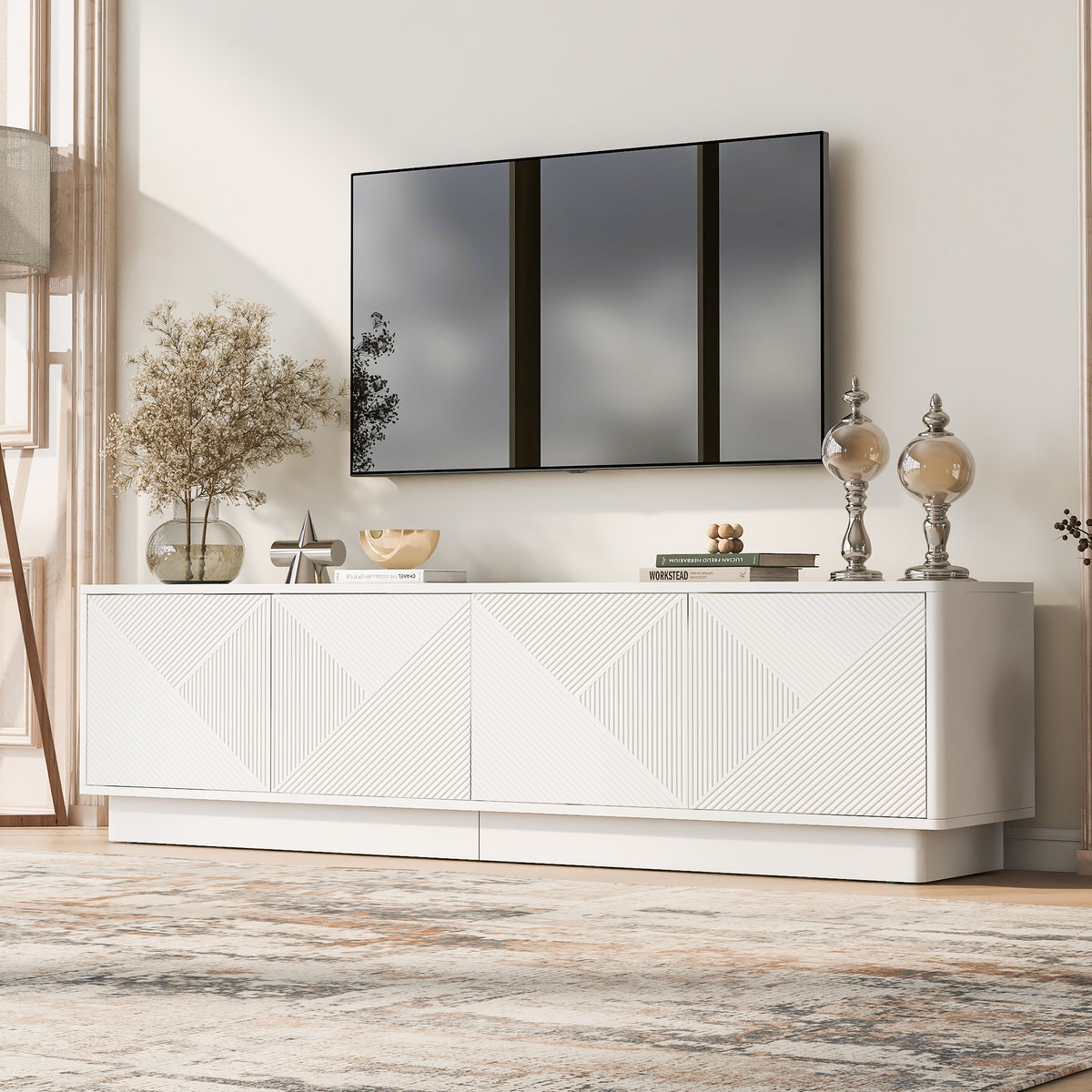 variant-group:rf-n724p426846k|Roomfitters Stylish 4-Door Wave Design TV Console with 16-Color USB LED Light, White