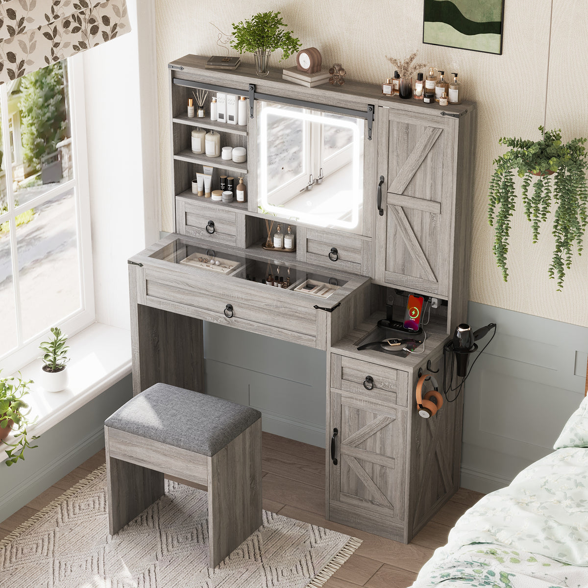 variant-group:rf-n733p340562g|Roomfitters Farmhouse Vanity Desk with Sliding Mirror & Lights, Glass Top, Charging Station, 4 Drawers, 2 Cabinets, Stool, Gray