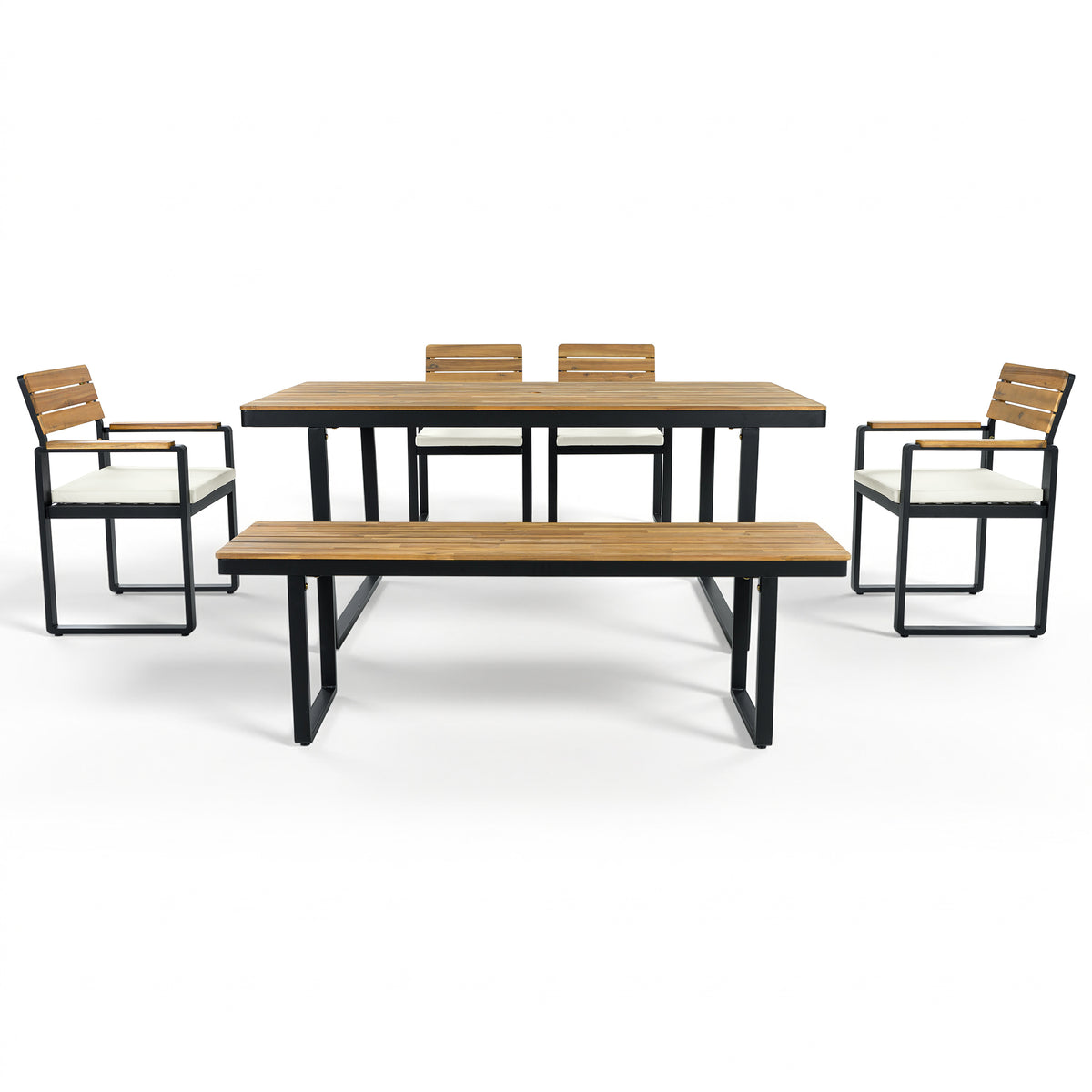 variant-group:rf-n704g201255a|Roomfitters 6-Piece Solid Acacia Wood Patio Dining Set with Steel Frames and Cushion Chairs Beige