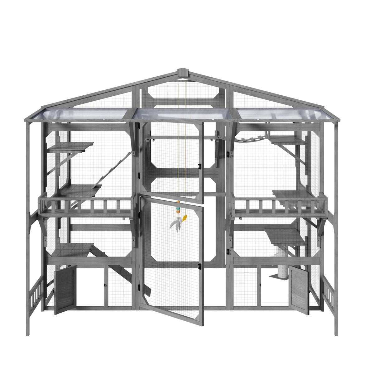 variant-group:rf-n704g201620e|Roomfitters Extra Large Wood Catio Cat Cage Outdoor Kennel with Transparent Sunroof and Dual Storage Shelves Gray