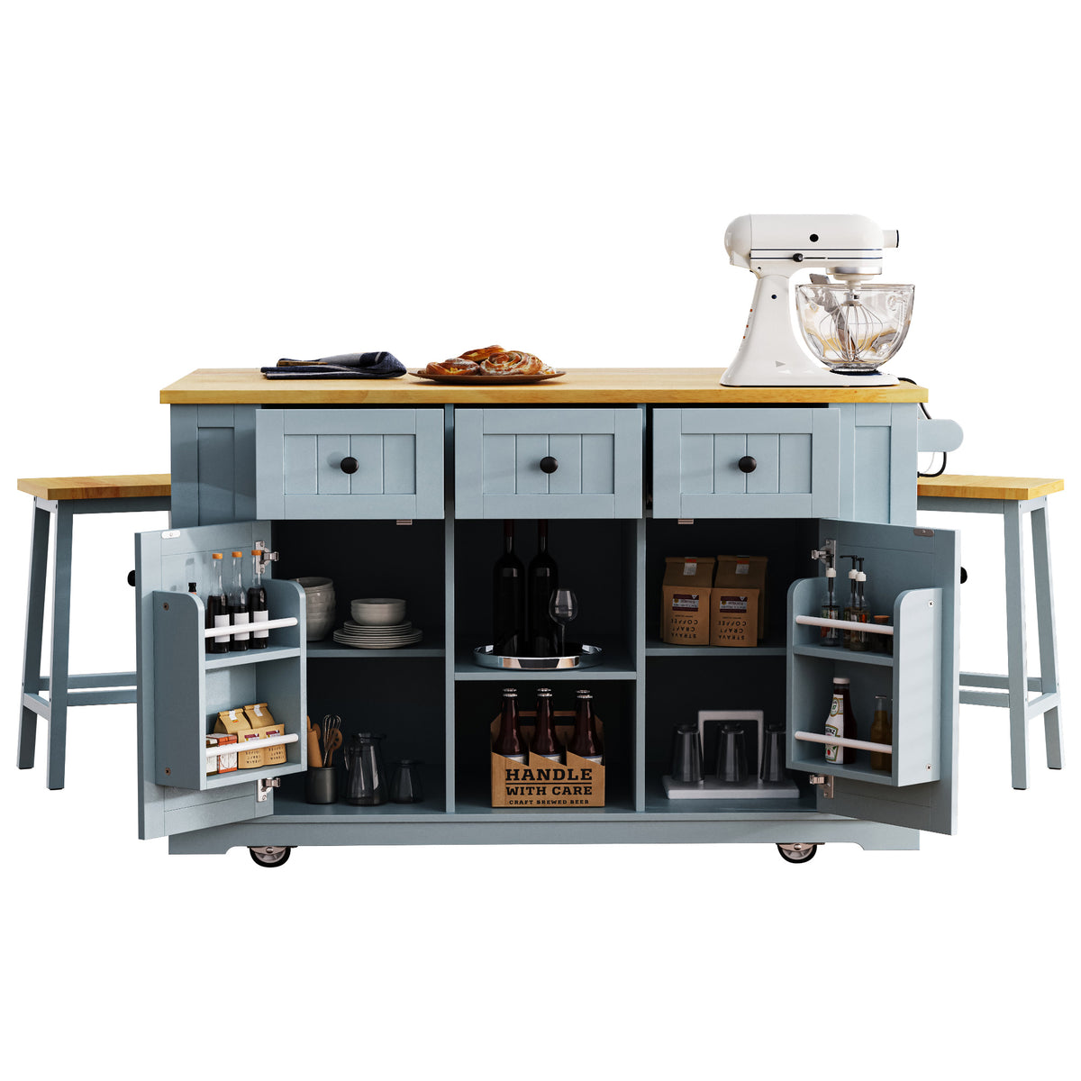 variant-group:rf-n707s003007g|Roomfitters 53" Kitchen Island with 2 Bar Stools, Drop Leaf, Power Outlet, Rolling Kitchen Cart Set with Storage, Grey-Blue