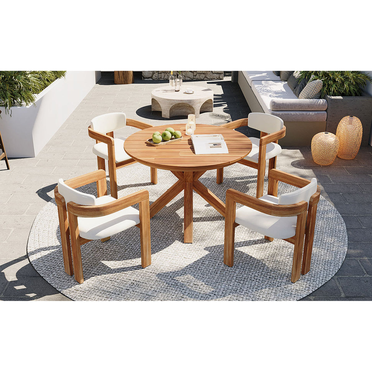 variant-group:rf-n704g201258a|Roomfitters 5-Piece Outdoor Acacia Wood Round Dining Set with Ergonomic Barrel Armchairs Beige Cushions