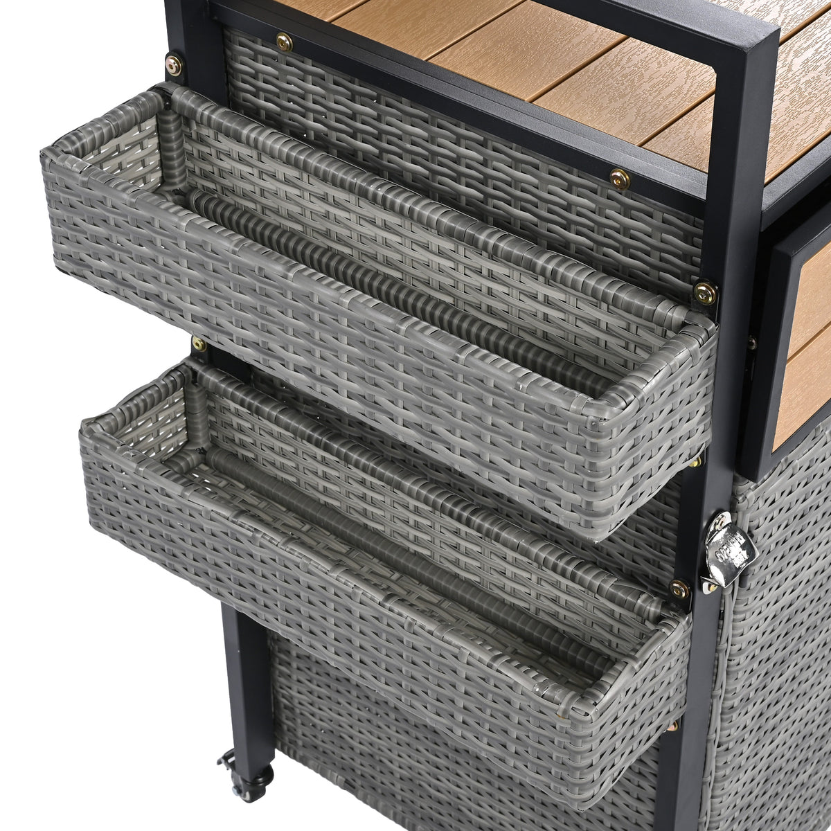 variant-group:rf-n707p233747g|Roomfitters 52.8" Wicker Outdoor Grill Cart with Plastic Wood Table, Rolling Island with Storage Cabinet, Double Handles, Grey