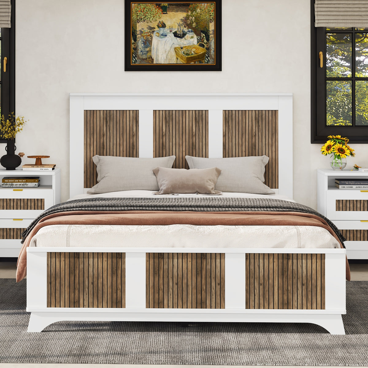 variant-group:rf-n733wf530906aak|Roomfitters Farmhouse Wooden Platform Queen Size Bed, Modern Platform Bed with Wooden Strip Decoration and Plywood Slats Support, White