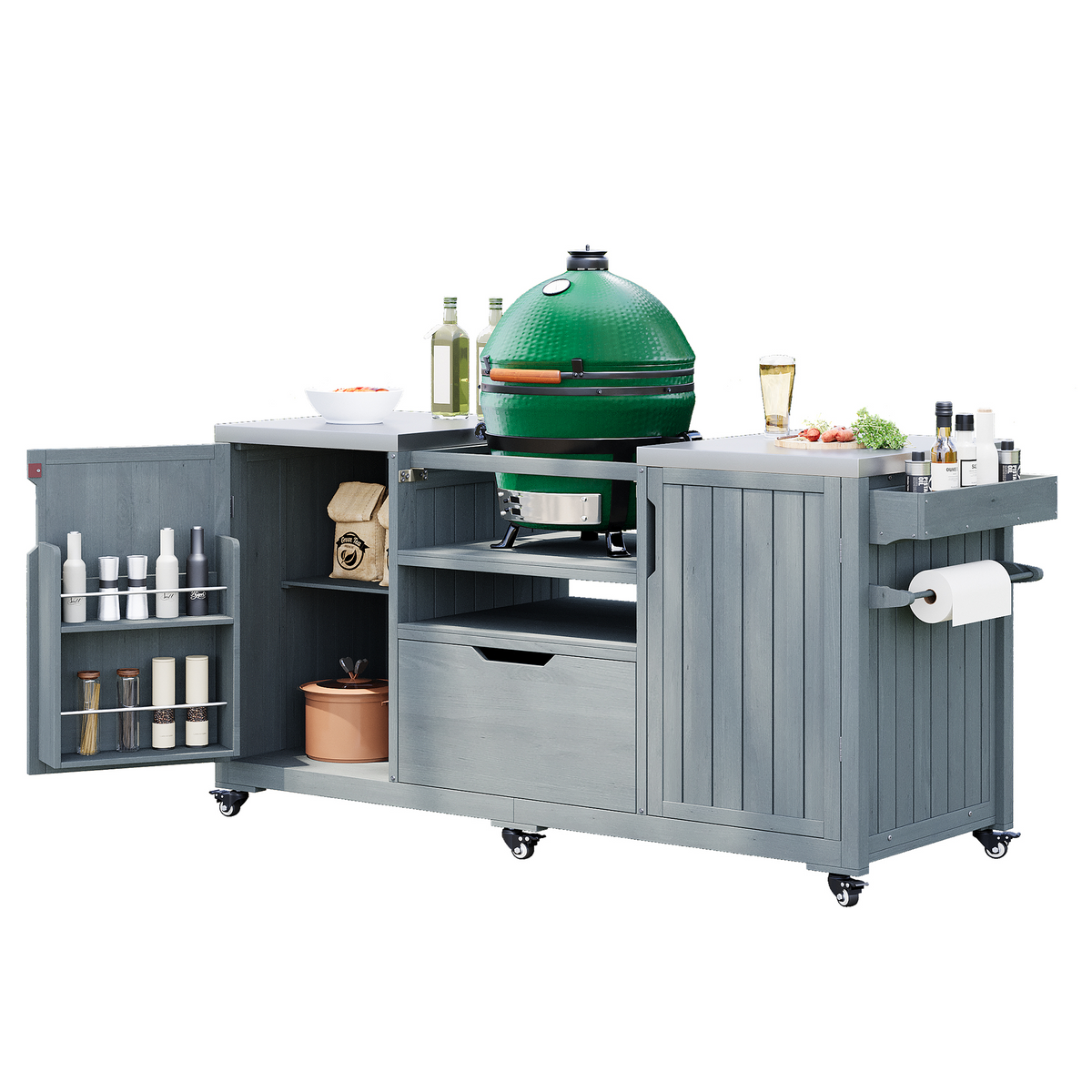 variant-group:rf-n707p250629g|Roomfitters 66.5" Outdoor Kitchen Island for Big Kamado Grills, Wood Grill Cart with Stainless Steel Top, Storage, Grey Blue