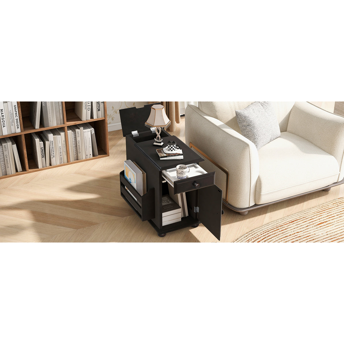 variant-group:rf-n724p293133p|Roomfitters Vintage Sofa Side Table with USB Ports, Flip Top, Cup Holders and Bookshelf Storage for Small Spaces, Espresso