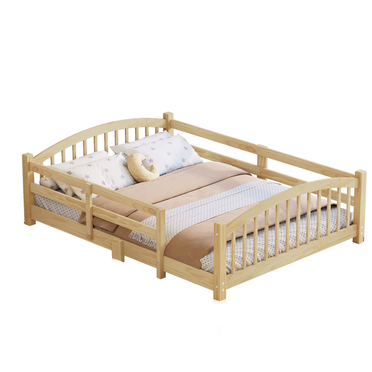 variant-group:rf-n733p400299n|Roomfitters Full Montessori Floor Bed with Guardrails, Solid Wood Low Platform Bed with Slats, Easy Assembly, Natural