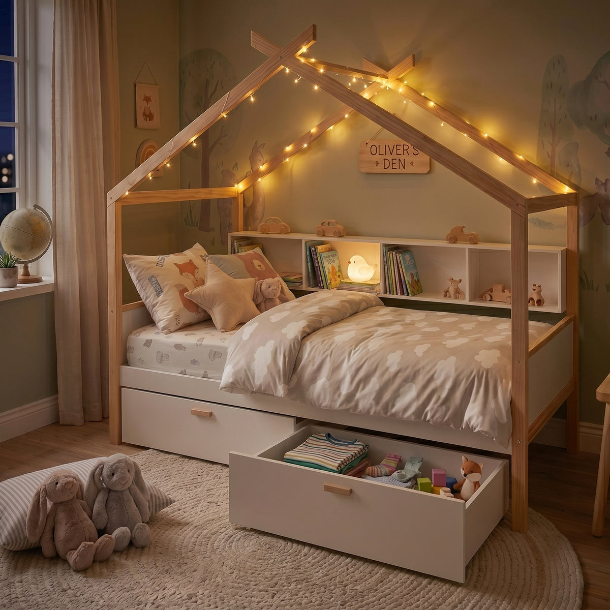 variant-group:rf-n701p443466k|Roomfitters Twin Size Wooden House Bed Frame with 2 Drawers, Bookshelf Storage Furniture, No Box Spring, White Natural