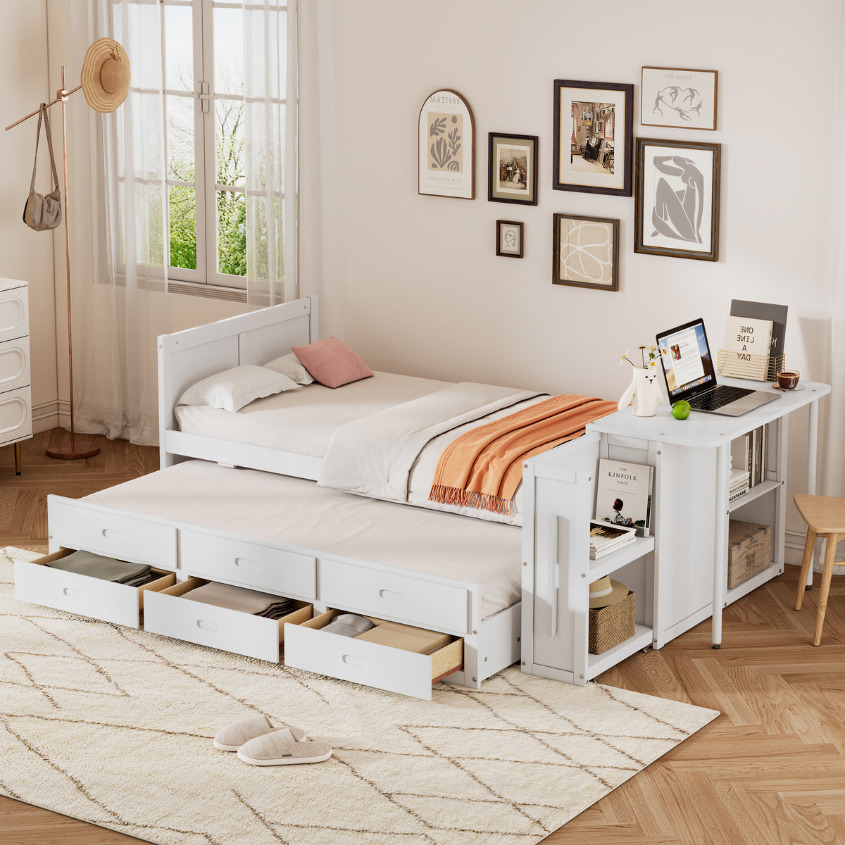 variant-group:rf-n733s212832k|Roomfitters Twin Size Multifunctional Wood Platform Bed with Desk and Storage Shelf, Built-in Trundle and Storage, White