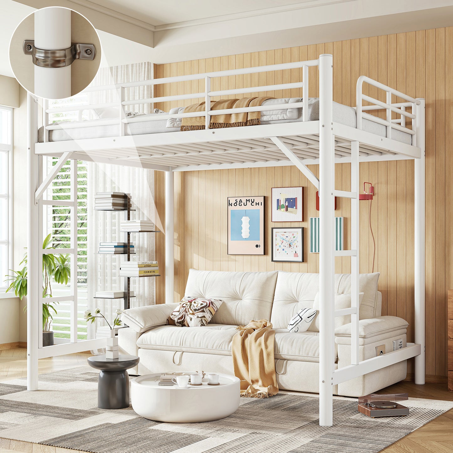 variant-group:rf-w1580p455016|Roomfitters Full Size Metal Loft Bed Frame with Guardrails, Heavy Duty Space Saving High Loft Bed Dual Ladders, White