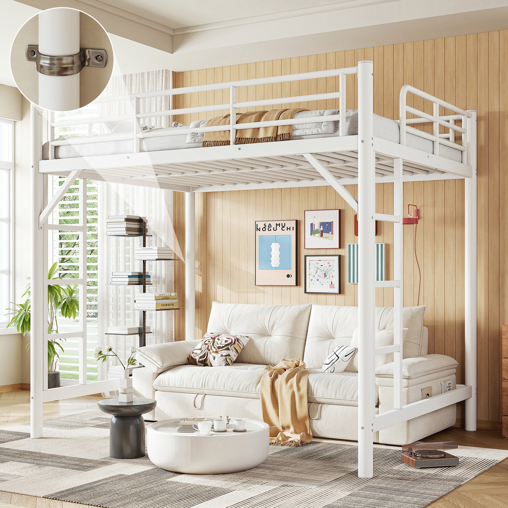 variant-group:rf-w1580p455016|Roomfitters Full Size Metal Loft Bed Frame with Guardrails, Heavy Duty Space Saving High Loft Bed Dual Ladders, White