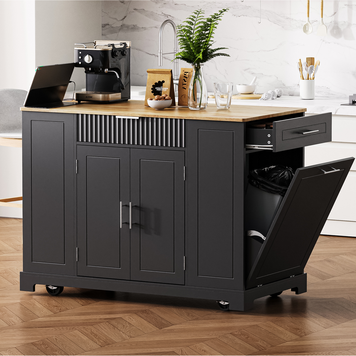variant-group:rf-n707s221571b|Roomfitters Kitchen Island with Tilt Out Trash Can and Power Outlet, Fluted Storage Cabinet on Wheels, Black