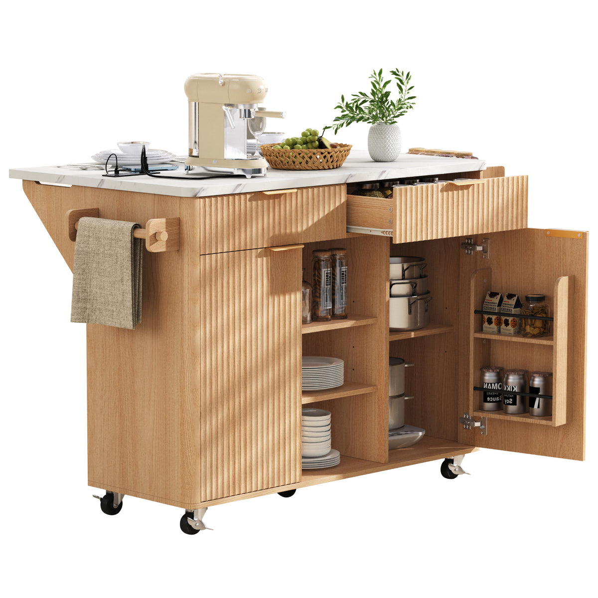 variant-group:rf-n707s000019y|Roomfitters 52" Fluted Kitchen Island with Drop Leaf, Power Outlet & Faux Marble Top, Natural