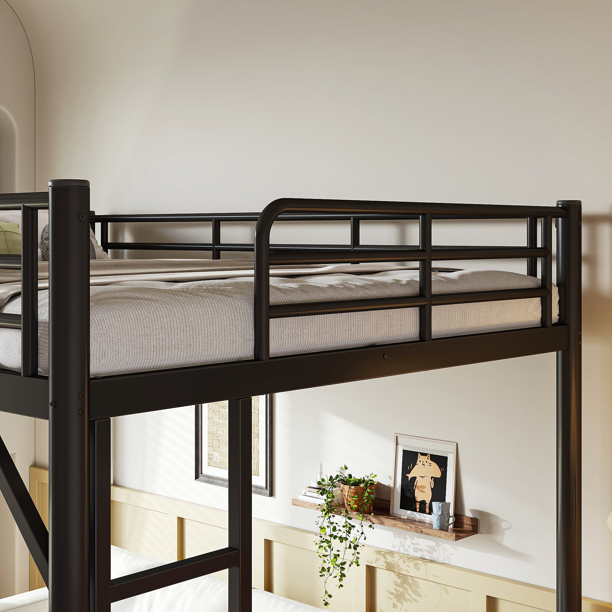variant-group:rf-w1580p455017|Roomfitters Queen Size Metal Loft Bed Frame with Guardrails, Heavy Duty Space Saving High Loft Bed Dual Ladders, Black