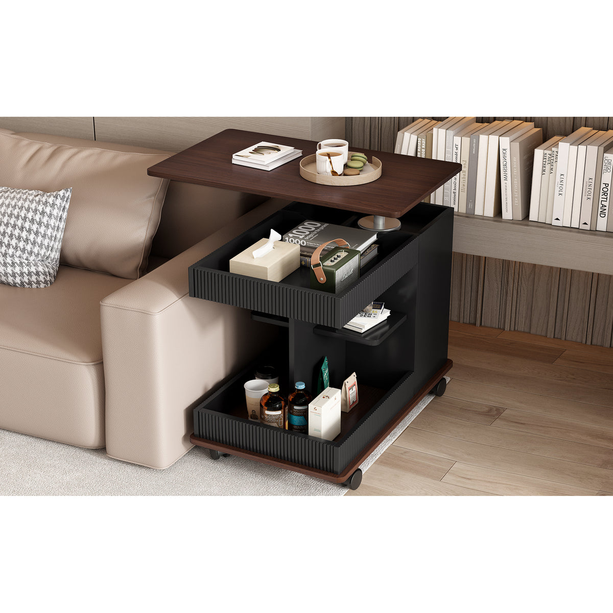 variant-group:rf-n724p292505b|Roomfitters Adjustable Sofa Side Table with Lift-Top, Rotating Surface and Storage on Wheels for Small Spaces, Black
