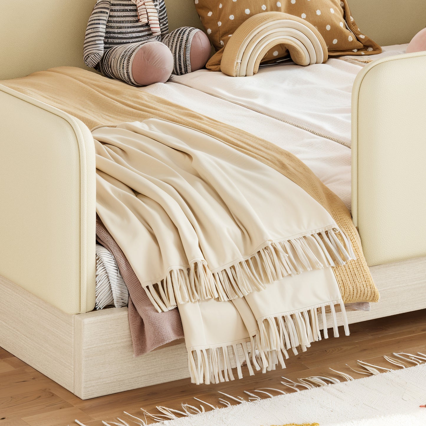 variant-group:rf-w1580s00671|Roomfitters Full Size Upholstered Floor Bed Frame with Removable Guardrails, Faux Leather Low Profile Platform, Beige