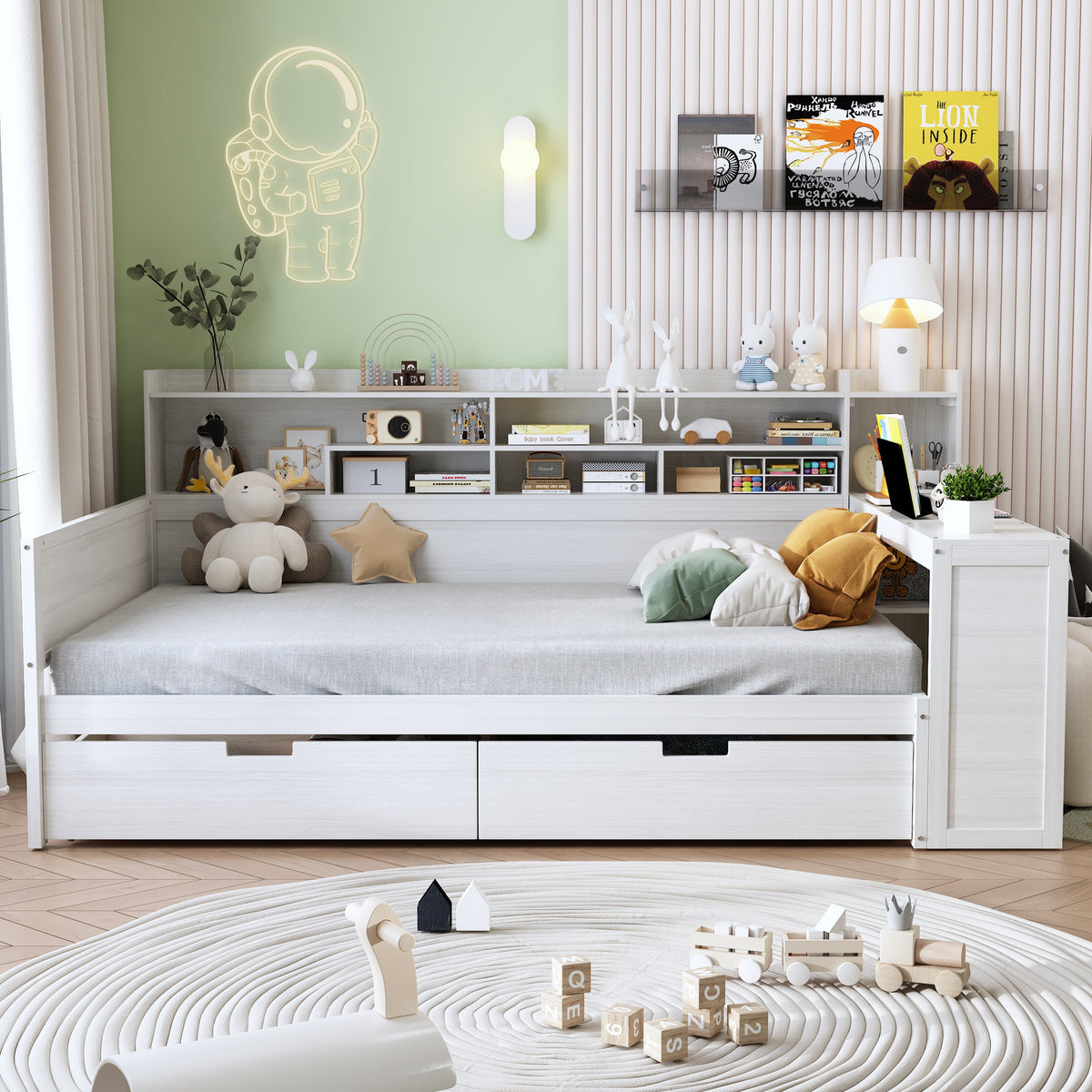 Roomfitters Full Daybed with Storage Shelves, Multi-Functional Bed with Drawers and Study Desk, Antique White