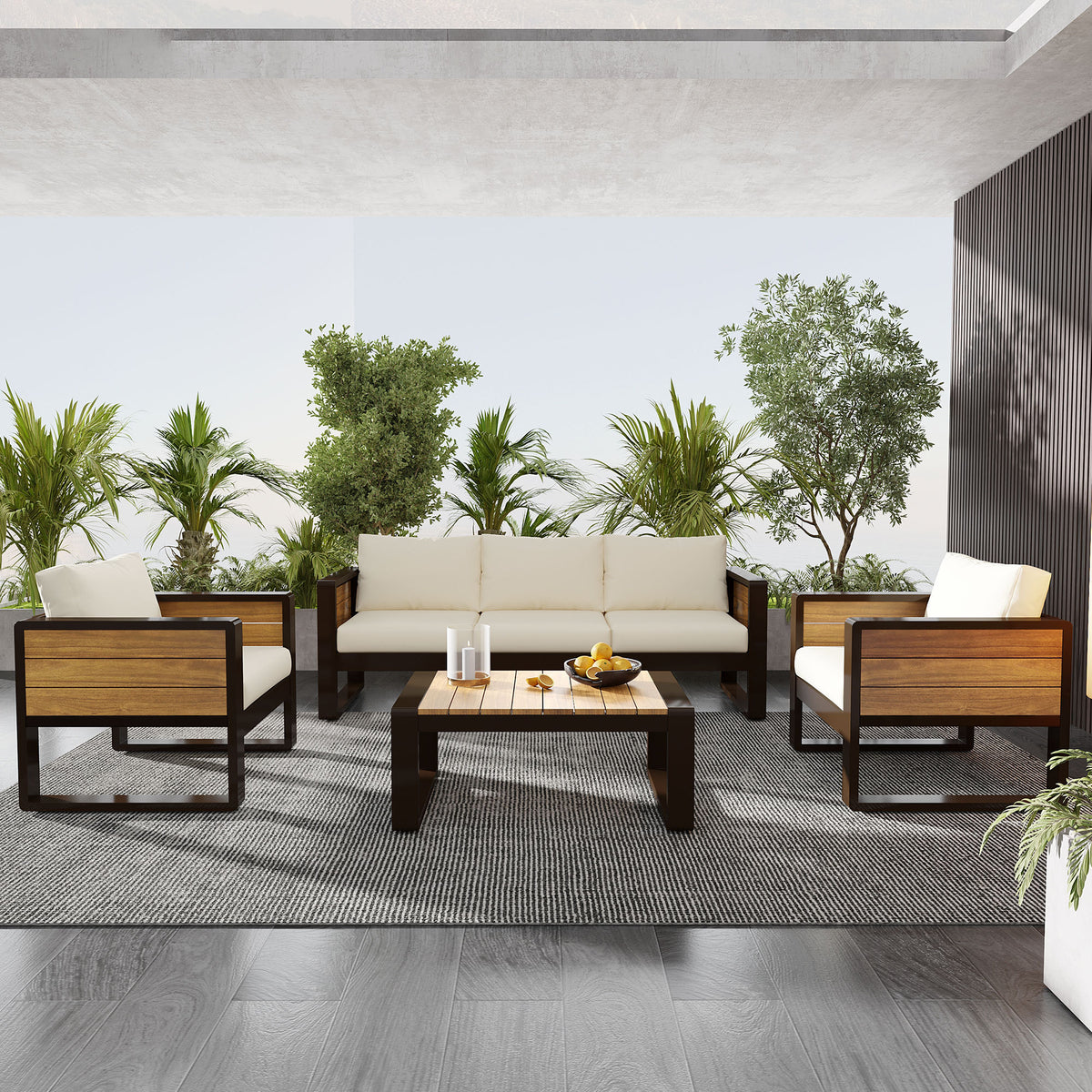 variant-group:rf-n704g201257a|Roomfitters 4-Piece Aluminum Patio Conversation Set with Four Fold-Out Side Trays and Slatted Coffee Table Beige