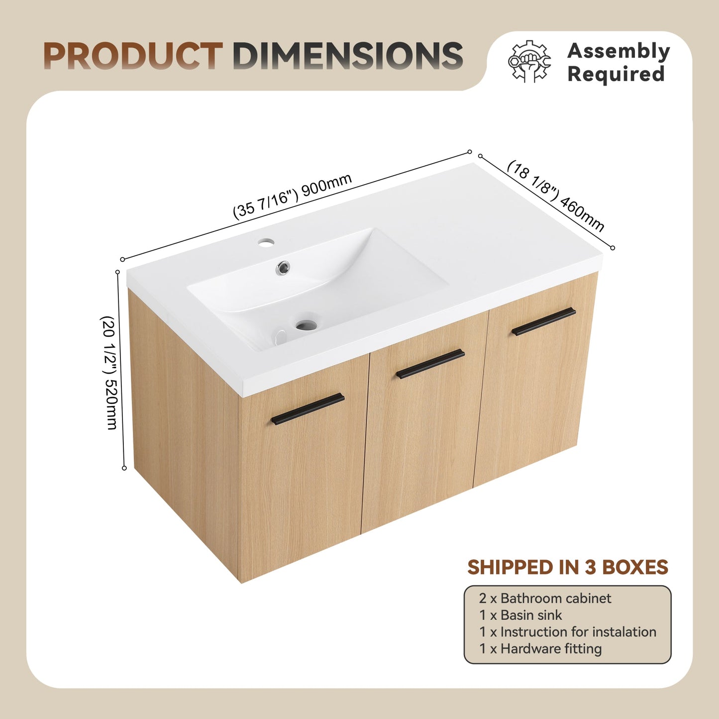36" Wall-Mounted Floating Bathroom Vanity with Sink, Light Oak, 3-Door Modular Cabinet (2-Door + 1-Door), Gel Coat Integrated Sink Top, 3 Boxes, Ready-to-Assemble Roomfitters