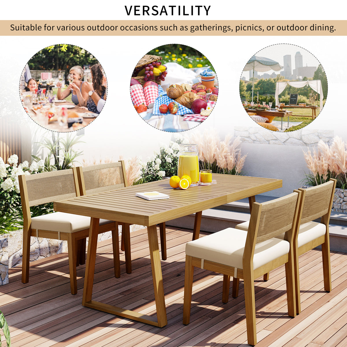 variant-group:rf-n711wy000393aaa|Roomfitters Outdoor Acacia Wood Dining Table and Chair Set with Thick Cushions, Patio Furniture for Garden, Beige