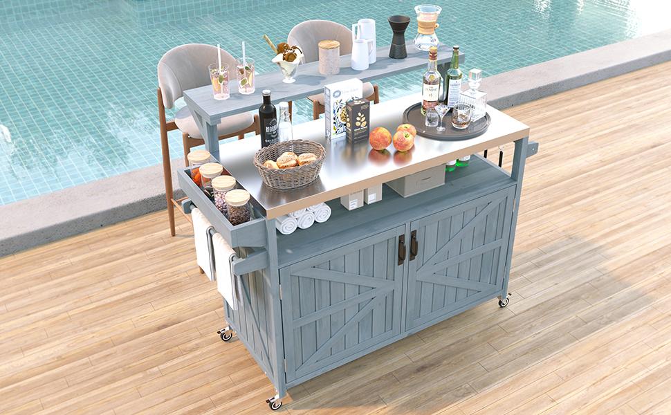 variant-group:rf-n707p250628g|Roomfitters 53.3" Outdoor Kitchen Island with Raised Shelf, Wood Storage Cabinet, Stainless Steel Top, Rolling Grill Cart, Grey Blue
