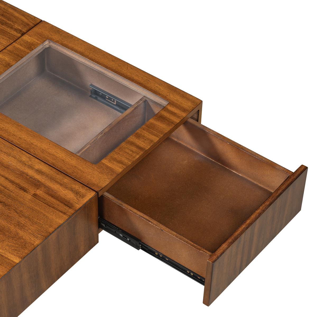 variant-group:rf-n724p270432d|Roomfitters Square Mid-Century Coffee Table with Glass Top and 3 Storage Compartments, Solid Wood Legs, Brown