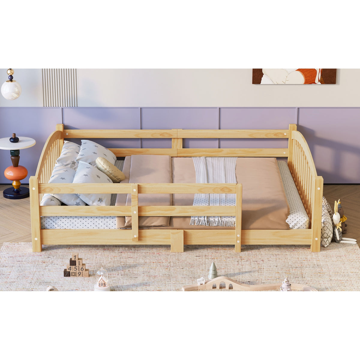 variant-group:rf-n733p400299n|Roomfitters Full Montessori Floor Bed with Guardrails, Solid Wood Low Platform Bed with Slats, Easy Assembly, Natural