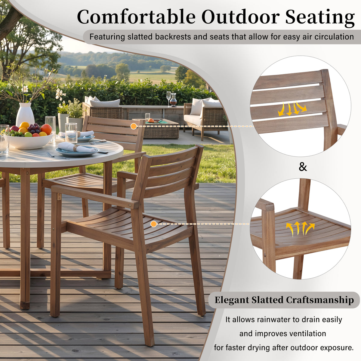 variant-group:rf-n711wy000475aad|Roomfitters 5-Piece Outdoor Dining Set for 4, 47.2-Inch Round Acacia Wood Table, Light Grey Slatted Patio Group