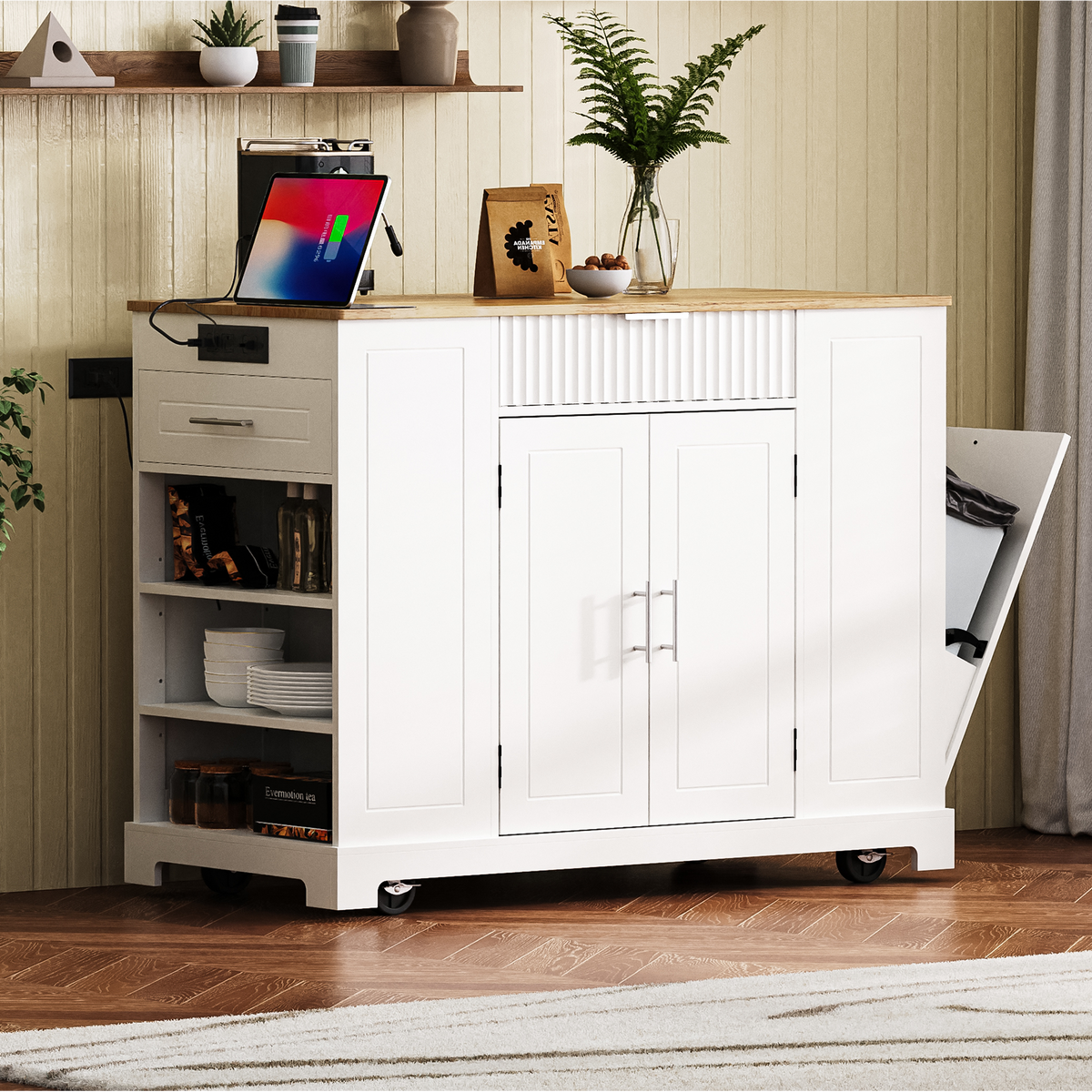 variant-group:rf-n707p221571w|Roomfitters Fluted Kitchen Island with Trash Can Cabinet, Power Outlet, Storage Rack, Rolling Cart with Open Side Racks, White