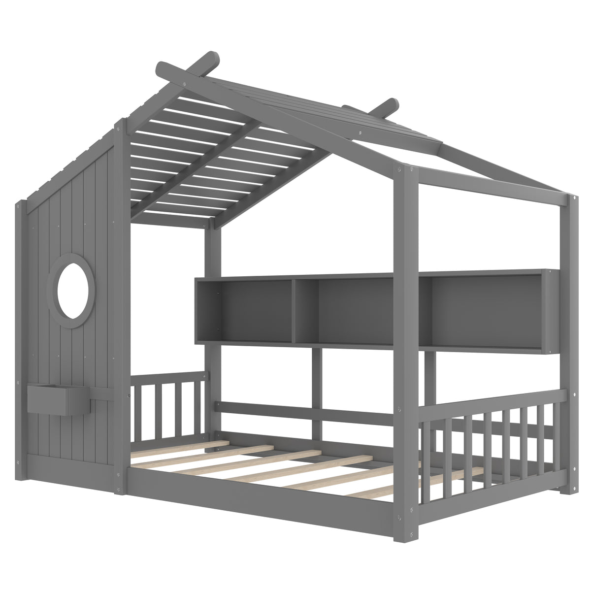 variant-group:rf-n733p335064e|Roomfitters Twin Size Floor House Bed with Storage Shelf and Roof Design, Montessori Playhouse Bed, Gray