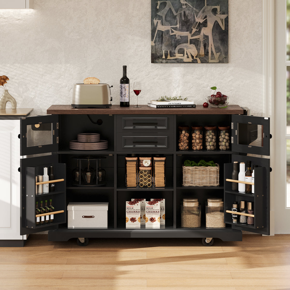 variant-group:rf-n707s300277b|Roomfitters 54.9" Kitchen Island with Drop Leaf, Rolling Kitchen Cart with Barn Door and Glass Door, Storage Cabinet, Black