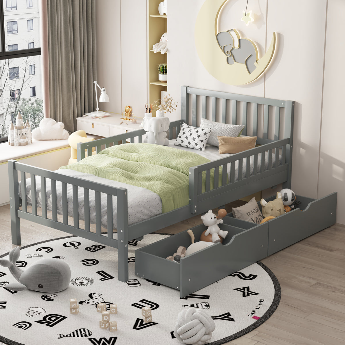 variant-group:rf-n733p172696e|Roomfitters Twin Size Wood Platform Bed with Guardrails and Two Storage Cabinets, Grey