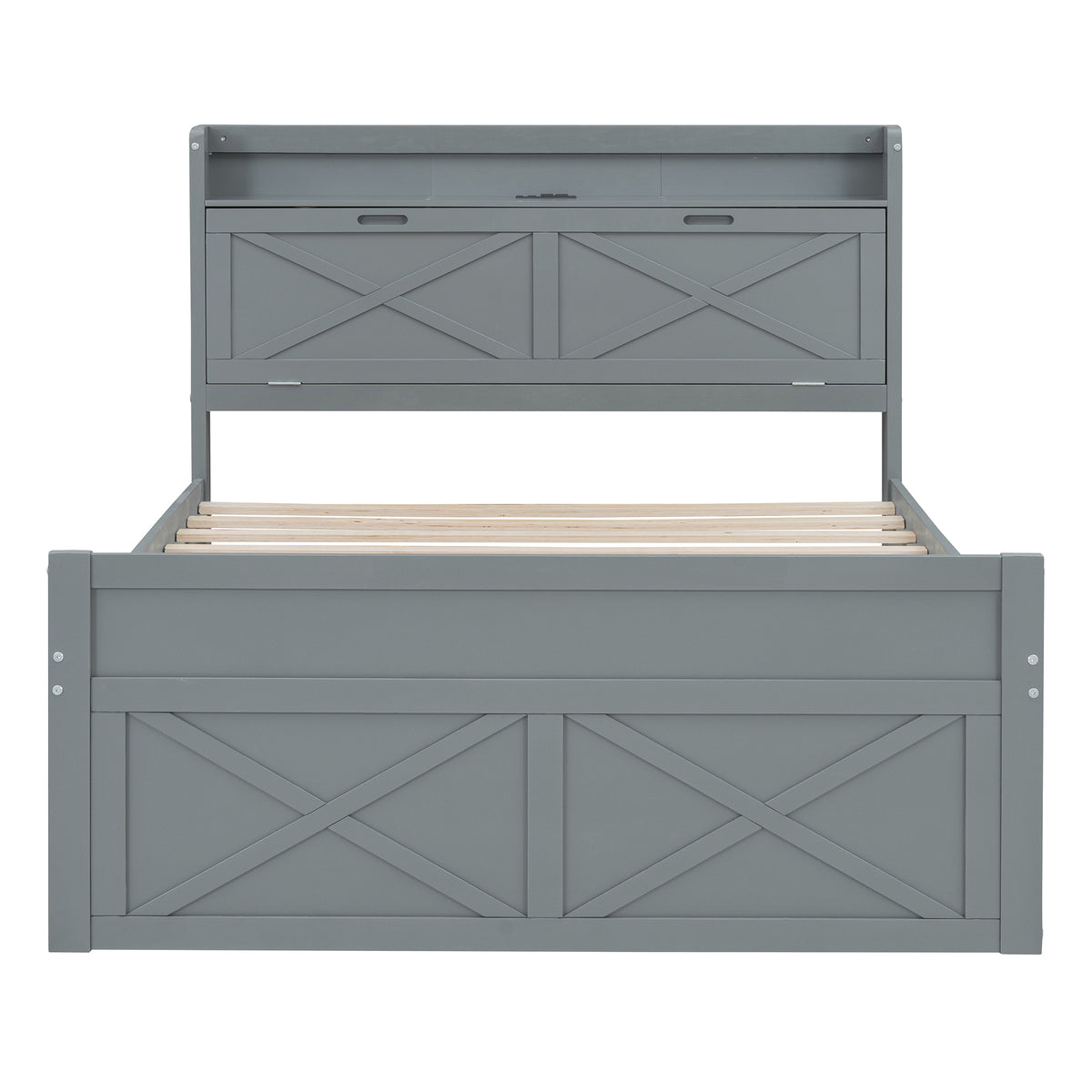variant-group:rf-n733s172712e|Roomfitters Full Size Wooden Bed with Storage Headboard, Built-In Outlets, Extendable Design with Twin Trundle and Practical Storage, Gray