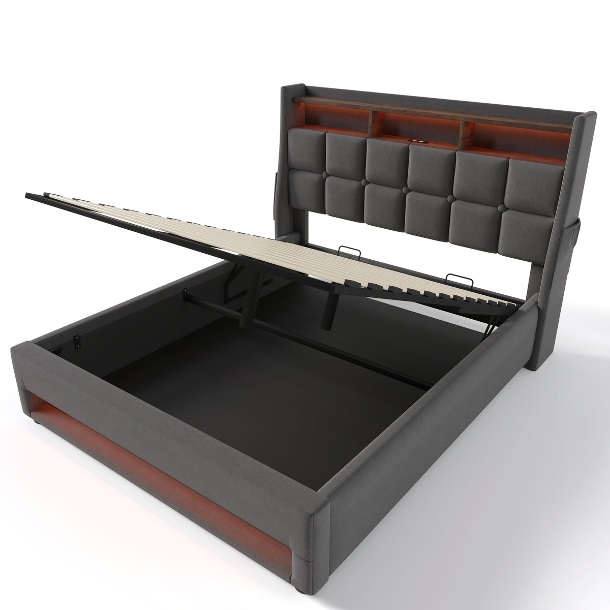 variant-group:rf-n736aa20690708g|Roomfitters Full Size Upholstered Platform Bed with Storage System, USB Charging Ports, Grey