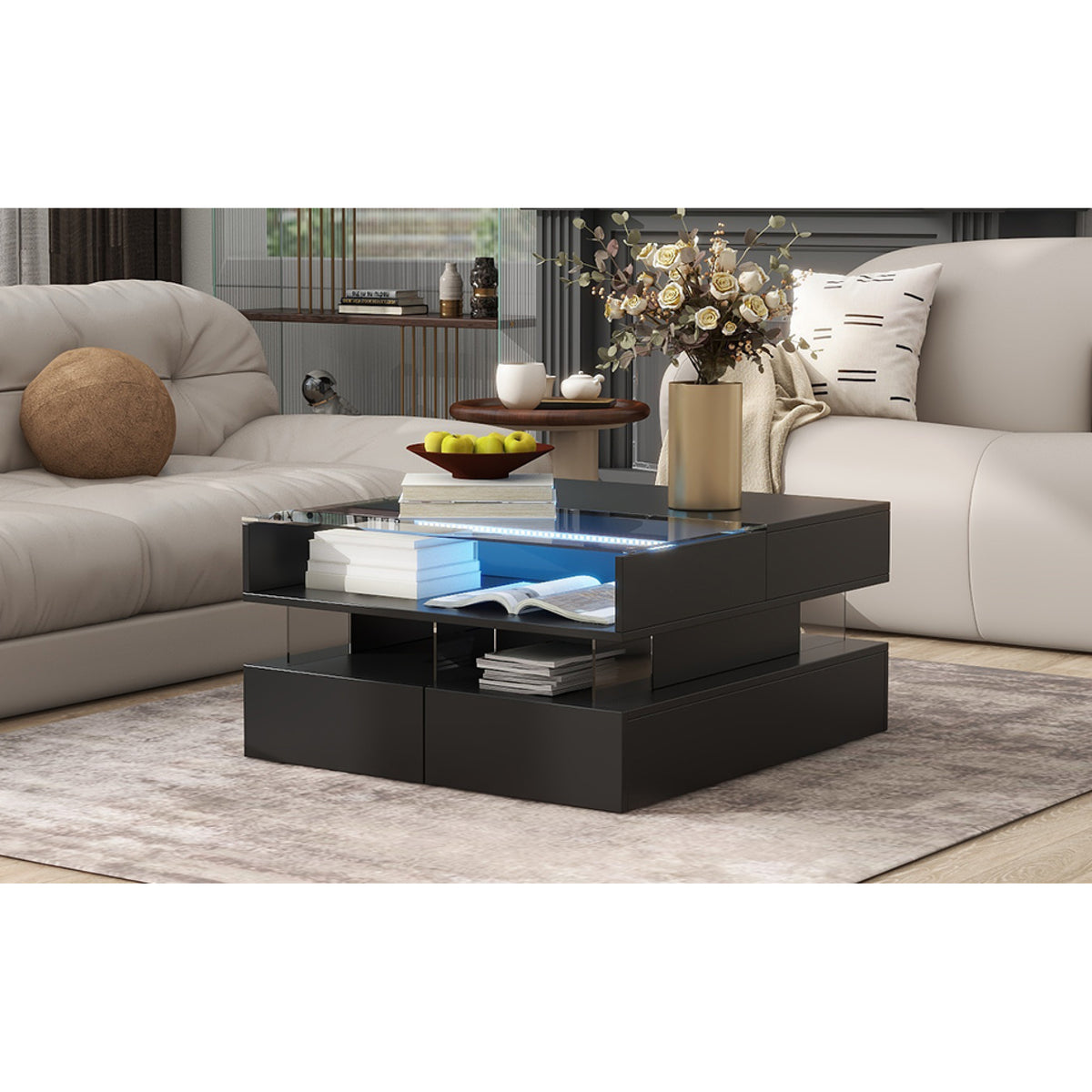 variant-group:rf-n724p290043b|Roomfitters Lift-Top Square Coffee Table with Glass Surface, Hidden Storage, High Gloss Finish, Black
