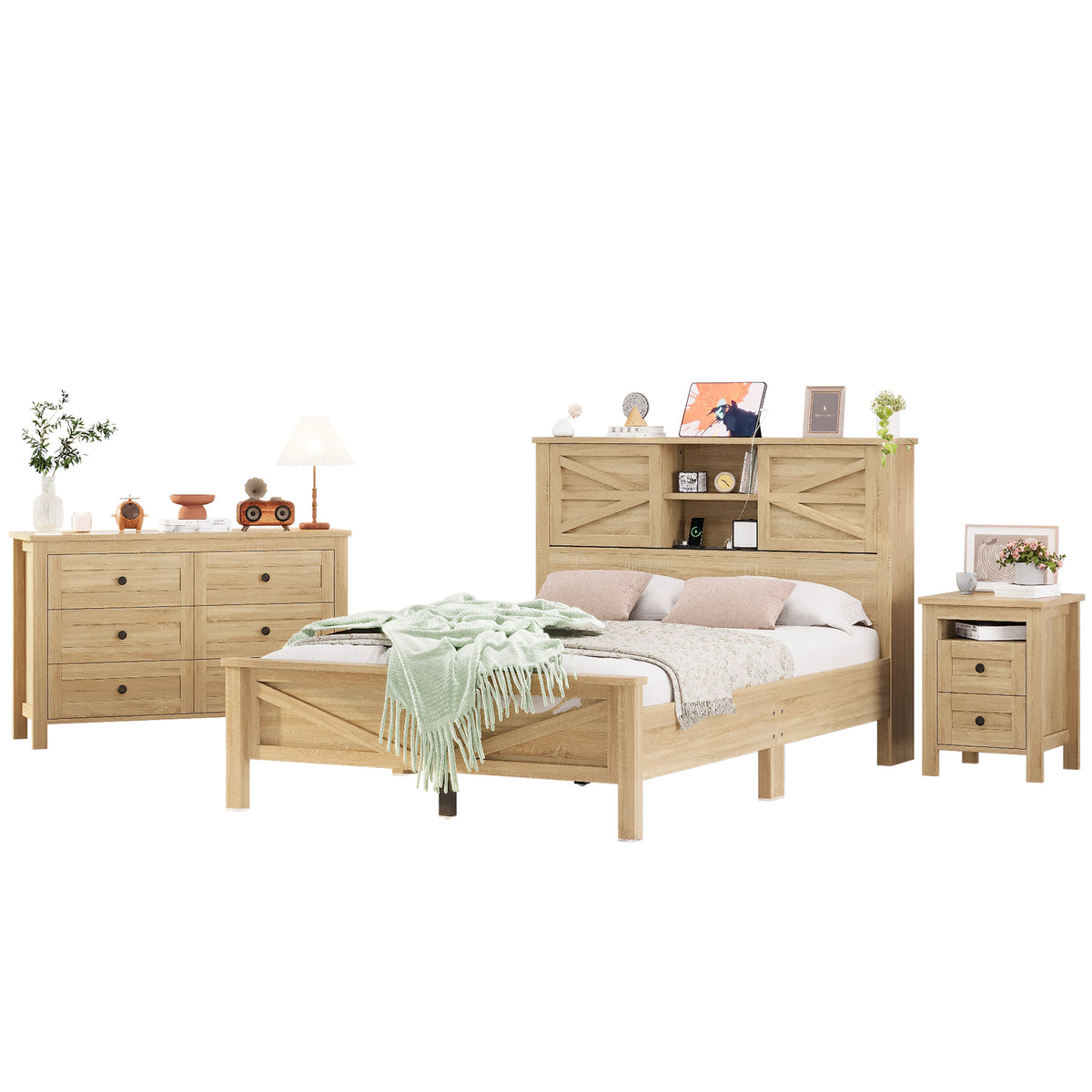 variant-group:rf-n733s369048m|Roomfitters 3 Piece Bedroom Set, Full Farmhouse Platform Bed with Sliding Headboard, Bedside Tables, Natural