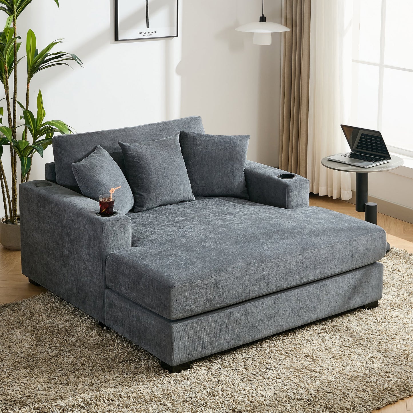 Roomfitters Oversized Chaise Lounger Sofa Couch, Upholstered Accent Chair Charge Station Cup Holders, Blue Gray