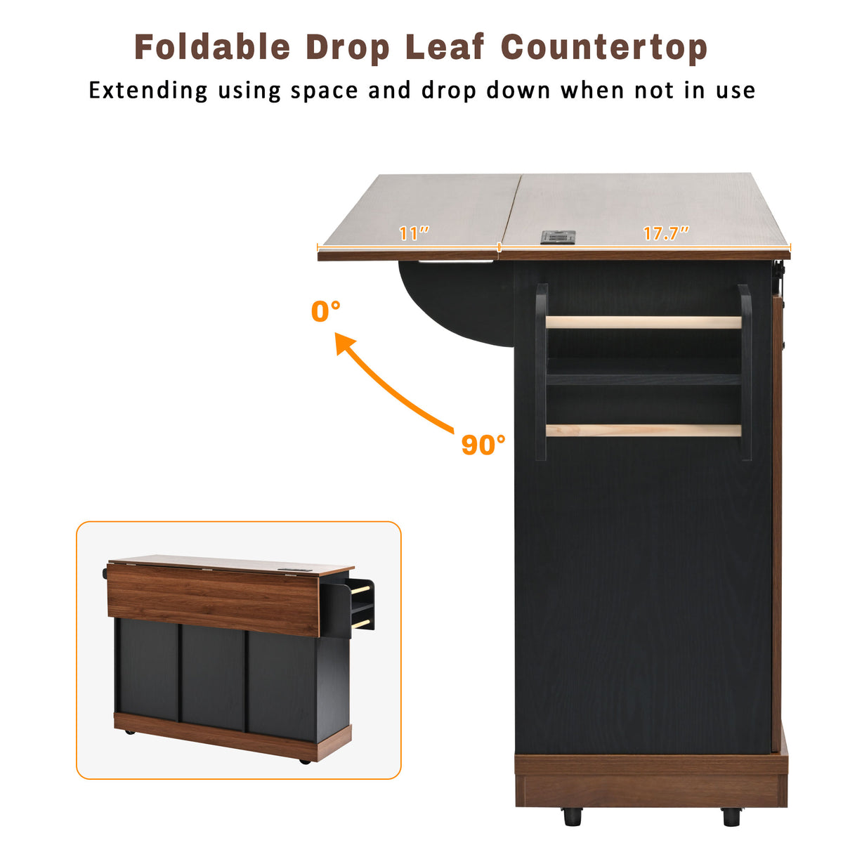 variant-group:rf-n707p288229b|Roomfitters 55.5" Rolling Kitchen Island with Drop Leaf, Mobile Kitchen Storage Cart with Sliding Barn Door, Power Outlets, Black