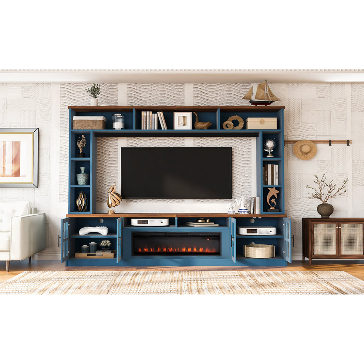 Roomfitters 95.5"W Large Wall Unit Entertainment Center, 39" LED Fireplace, Navy Blue Roomfitters