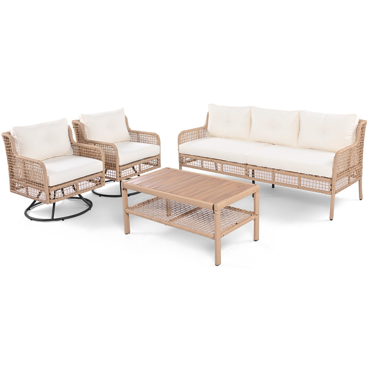 Roomfitters 4-Piece Patio Furniture Set with 360-Degree Swivel Rocking Chairs and Storage Coffee Table Beige Roomfitters