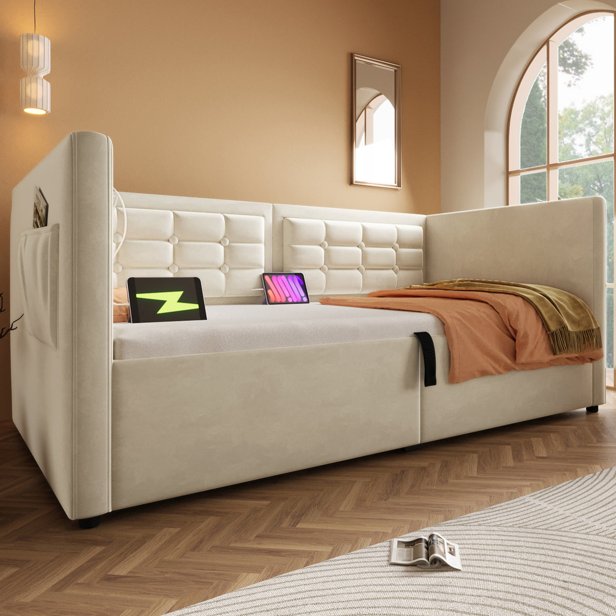 variant-group:rf-n736p303402b|Roomfitters Upholstered Twin Size Daybed with Storage, USB & Type-C Charging, Tufted Sofa Back, Velvet Beige