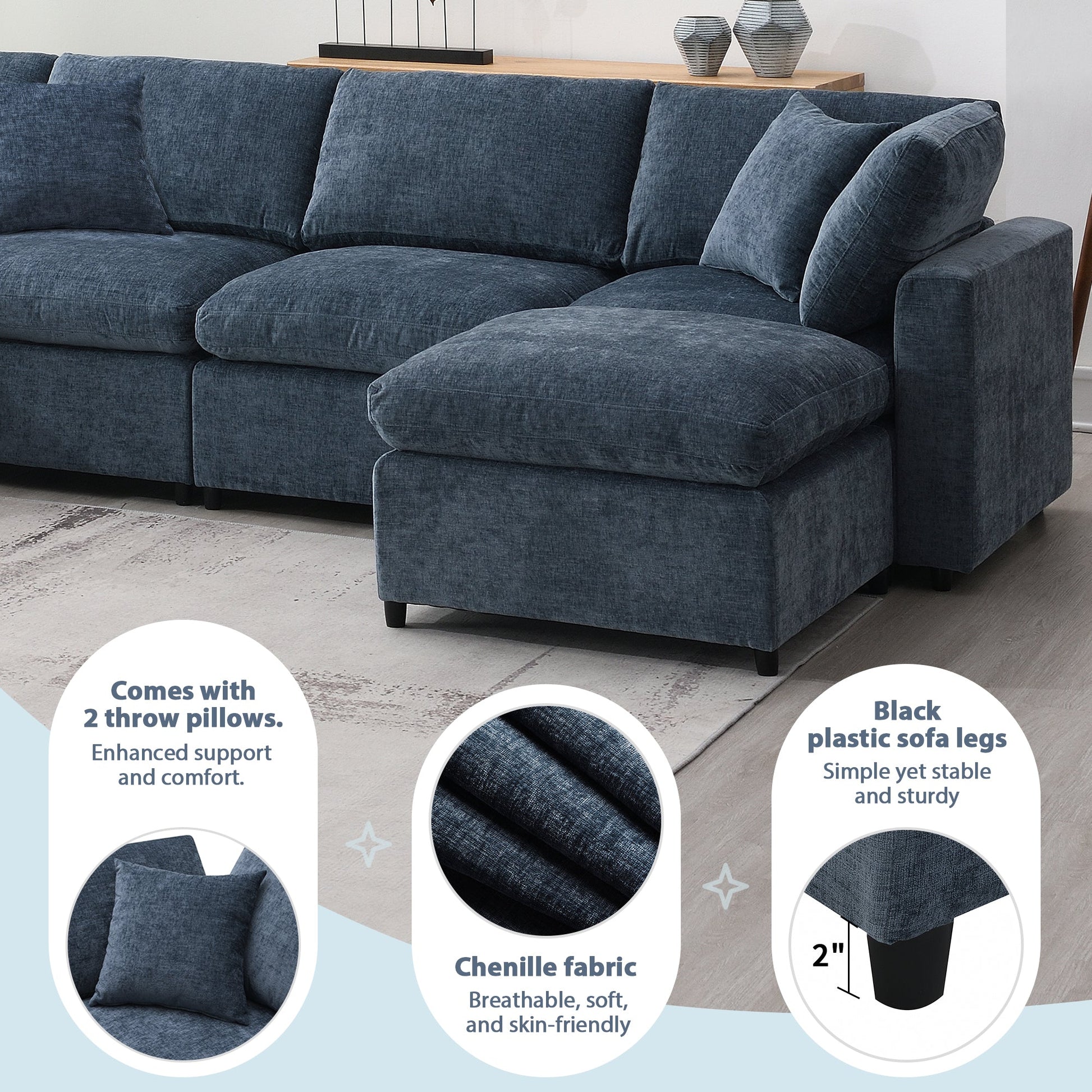 Roomfitters 130 Inch U-Shaped Modular Sectional Sofa Bed, Cloud Sleeper Couch with Plush Cushions for Living Room, Dark Blue Roomfitters